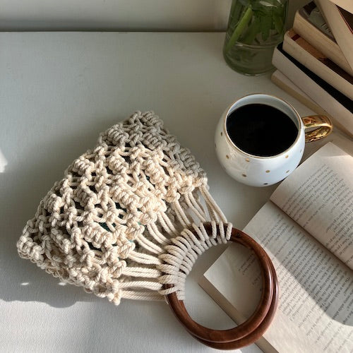 brown handle macrame hand bag for party, gift purpose for women